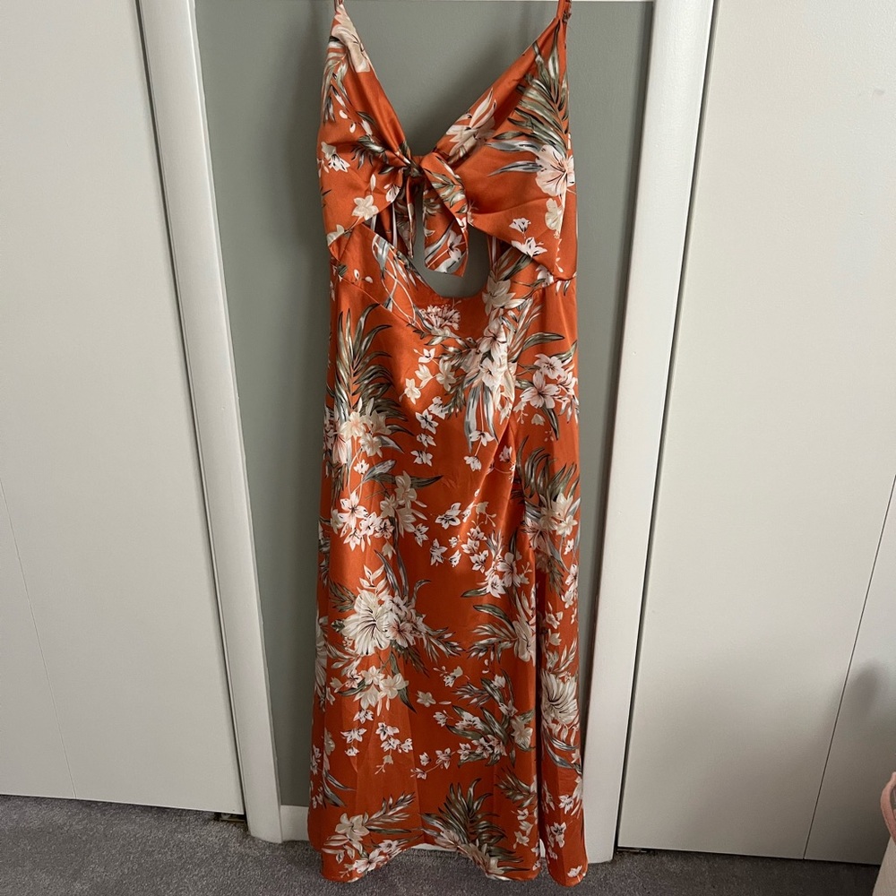Orange floral satin dress, perfect for a beach vacation!
